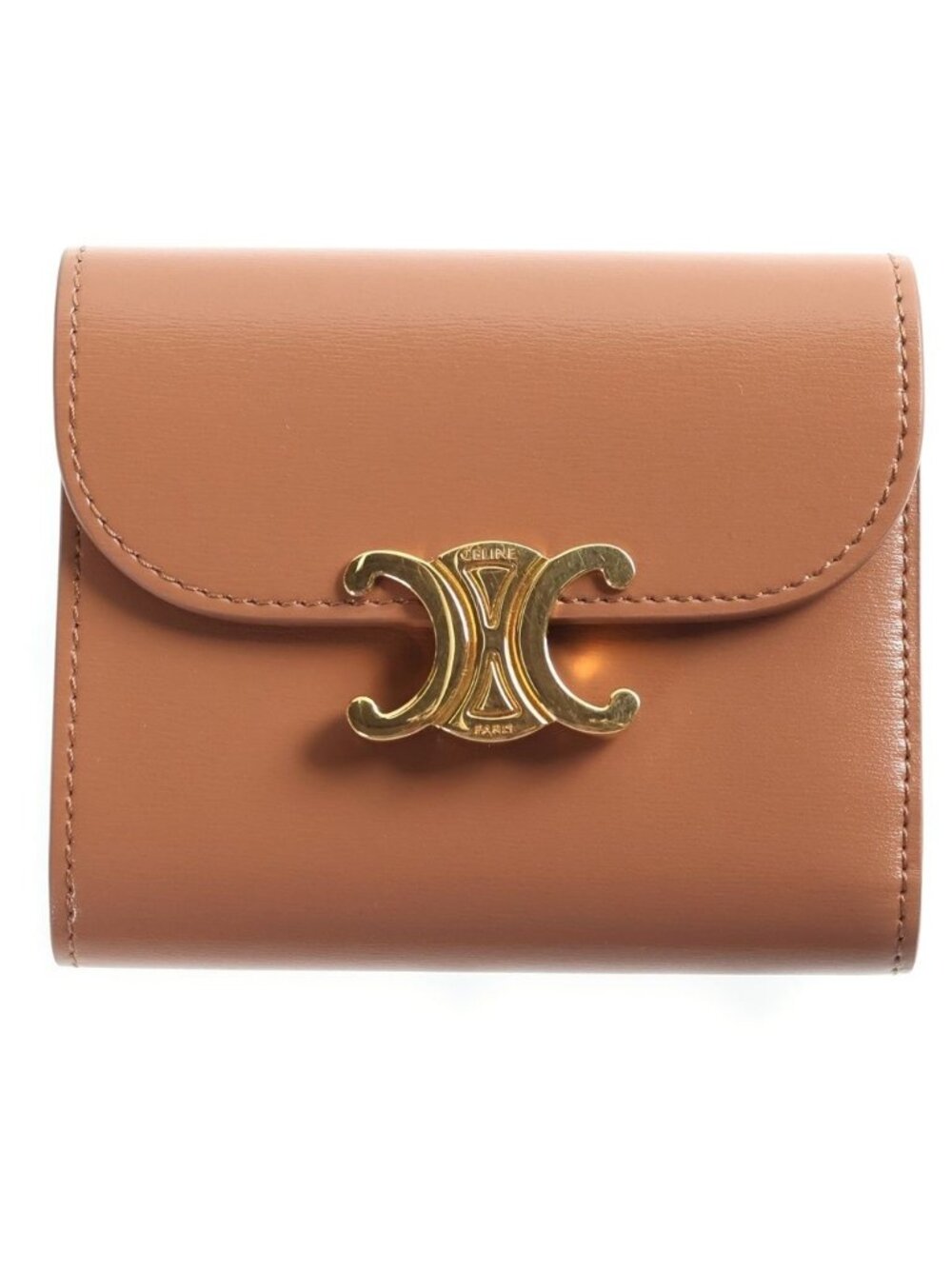Celine Small Flap Wallet Triomphe Trifold Brown Shiny Calfskin Leather Gold
